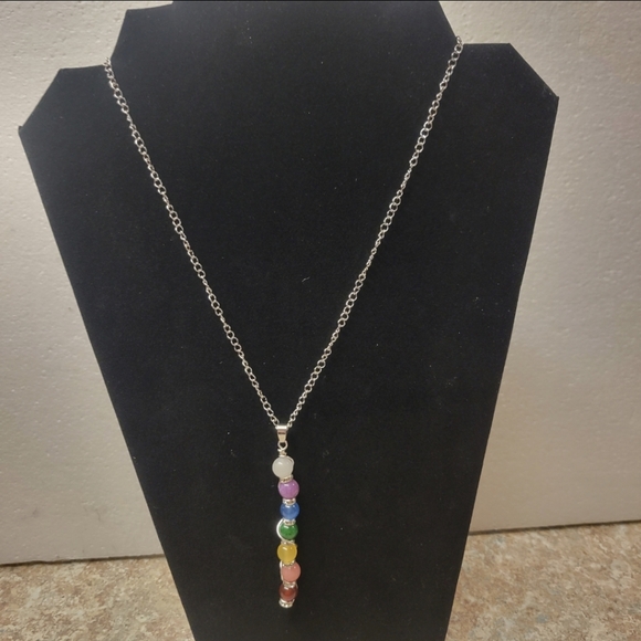 Silver and Chakra Beads Dangle Necklace - Picture 2 of 7